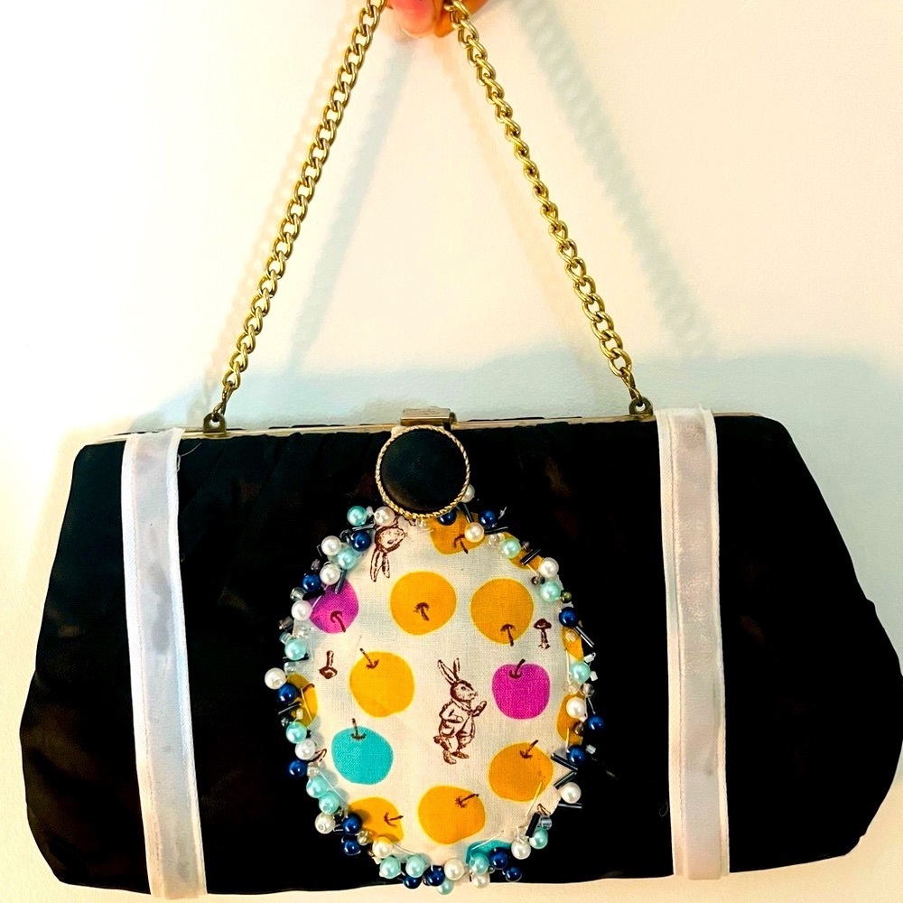 Black Handbag Handmade ooak Japanese rabbit mushroom fabric hand beaded